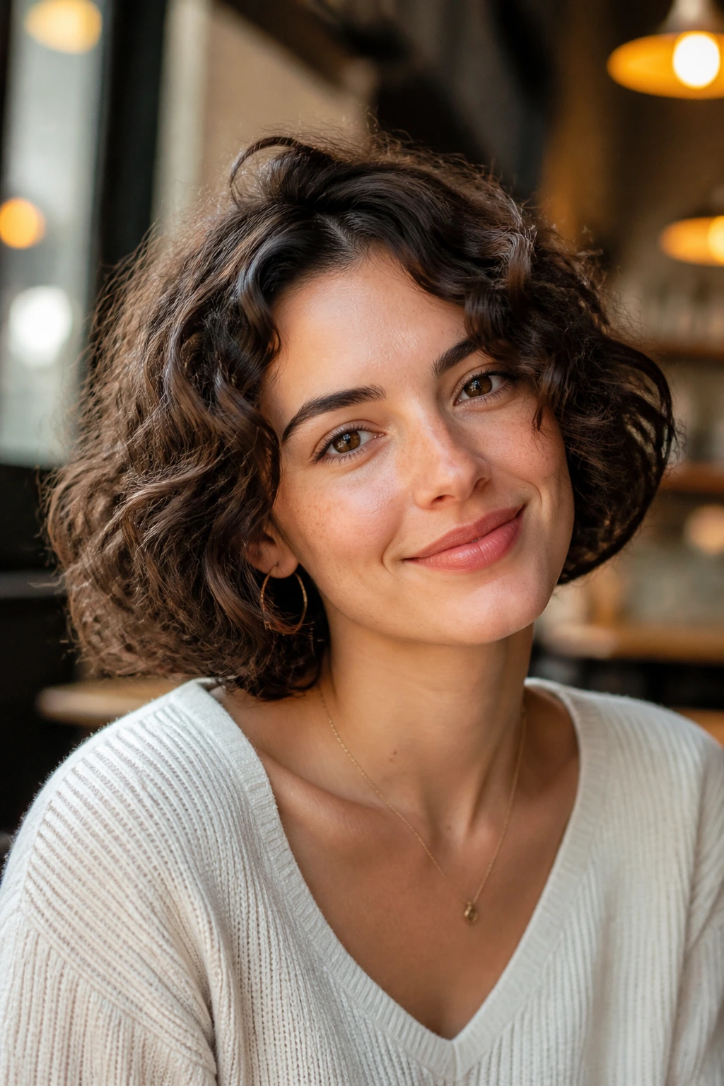 Portrait of a woman with chin-length curly bob and soft ends in warm cafe light
