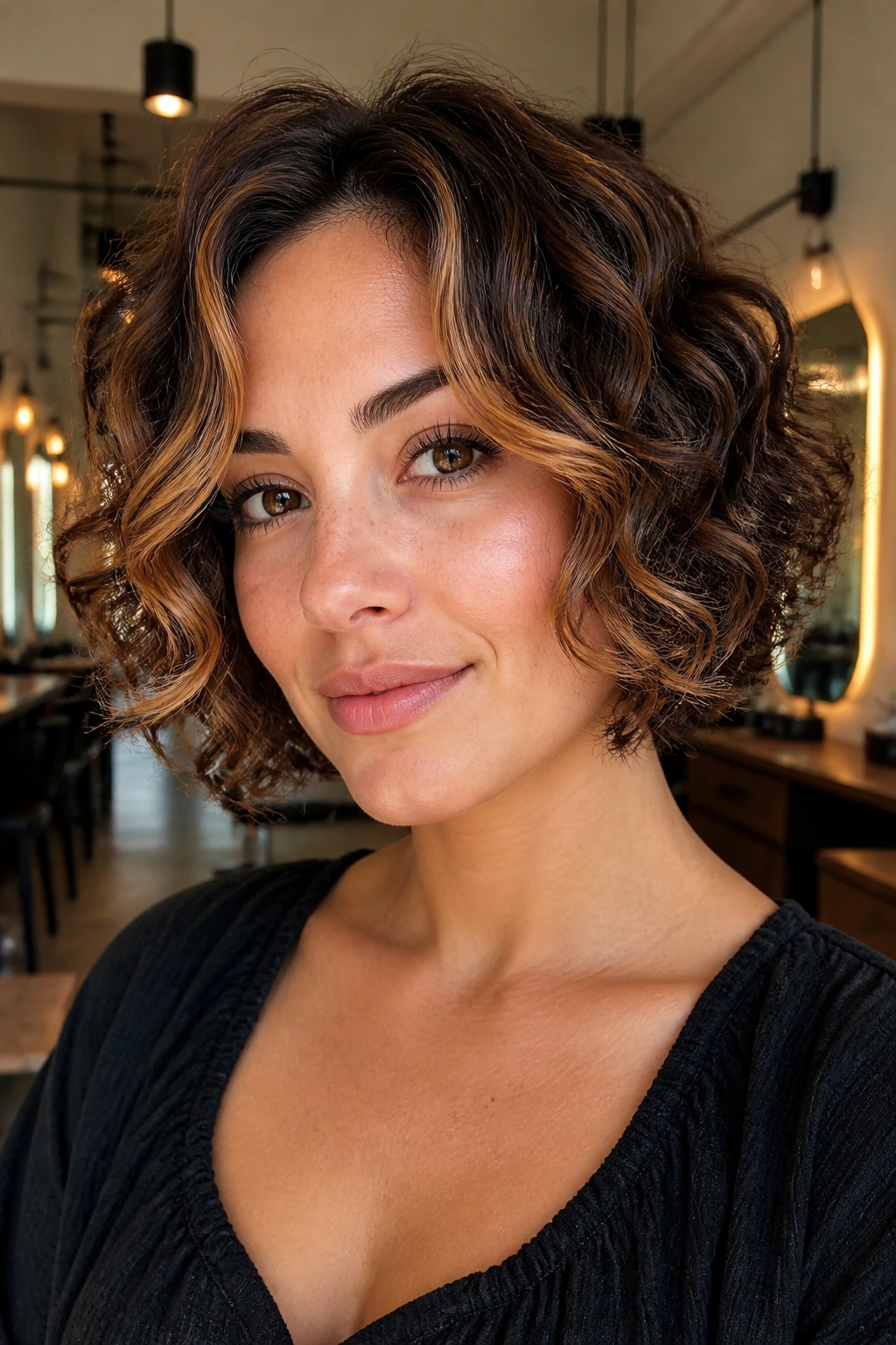 Close-up of a real woman with chin-length curly bob and caramel money piece