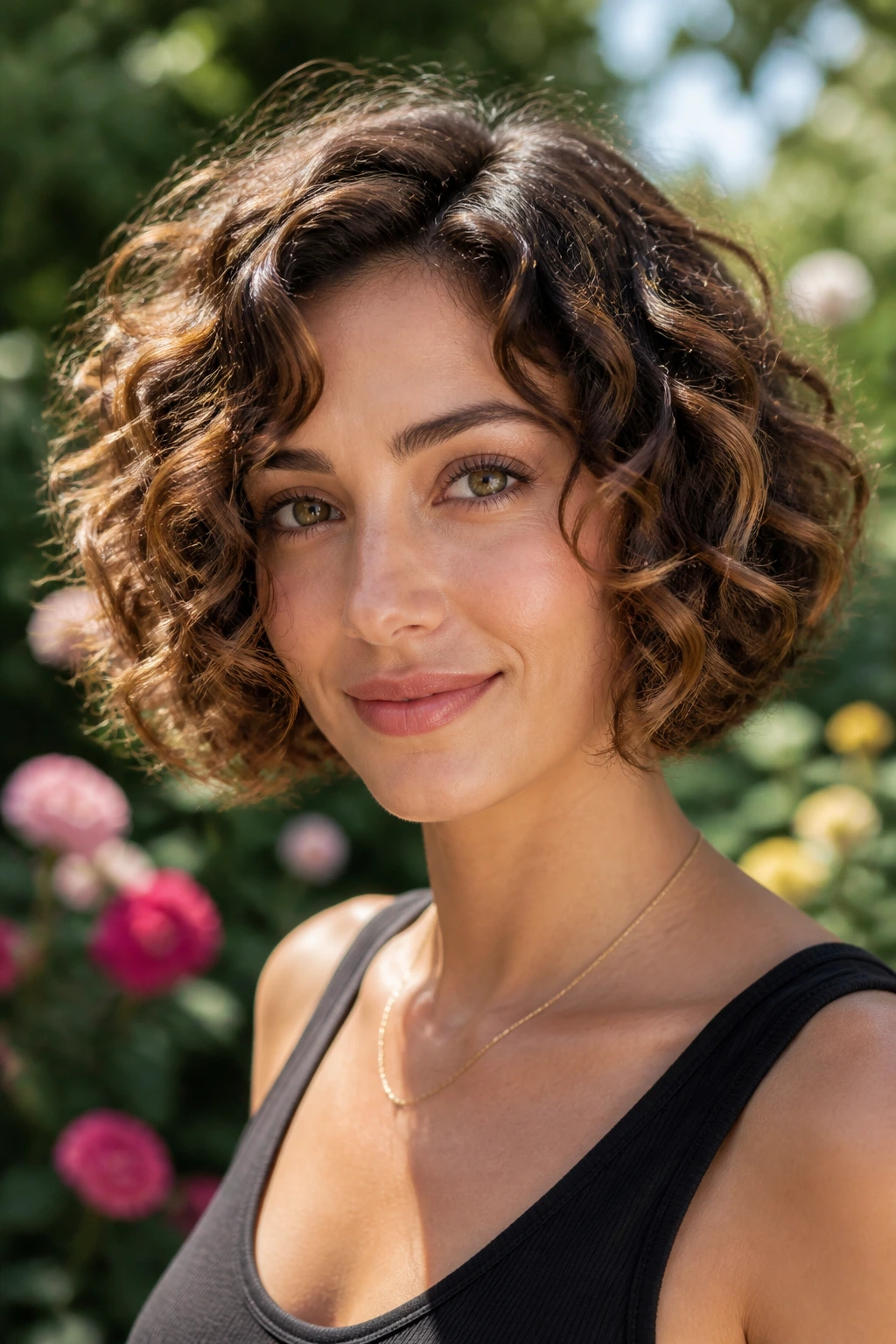 Close-up of a real woman with chin-length curly bob and caramel highlights