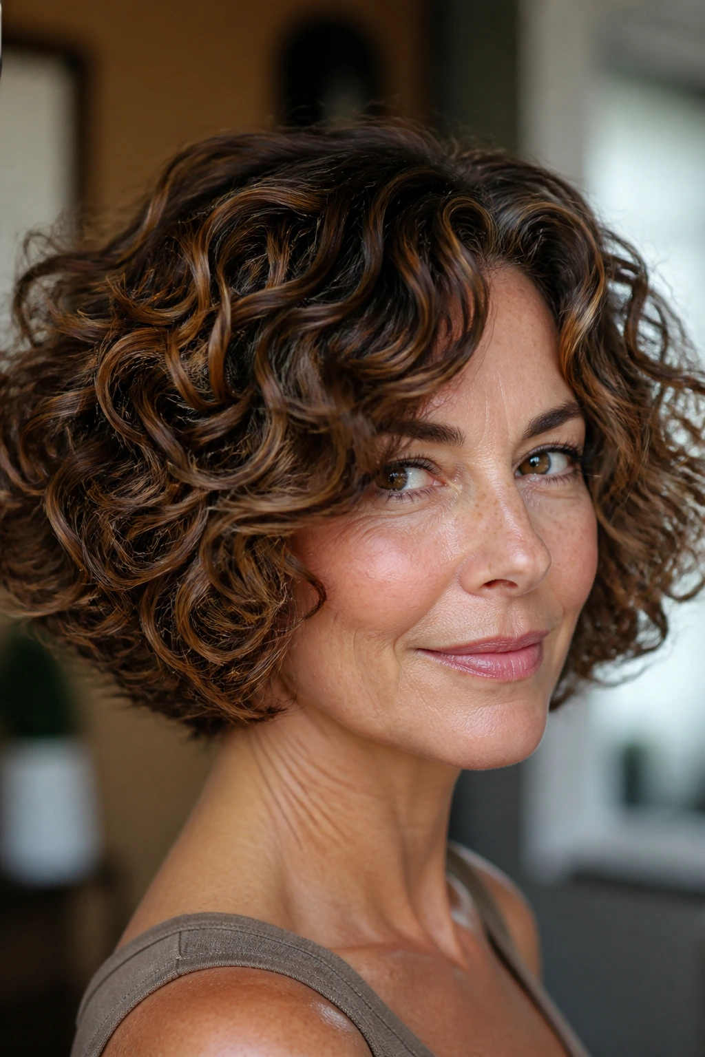 Chin-length curly bob with cinnamon depth.
