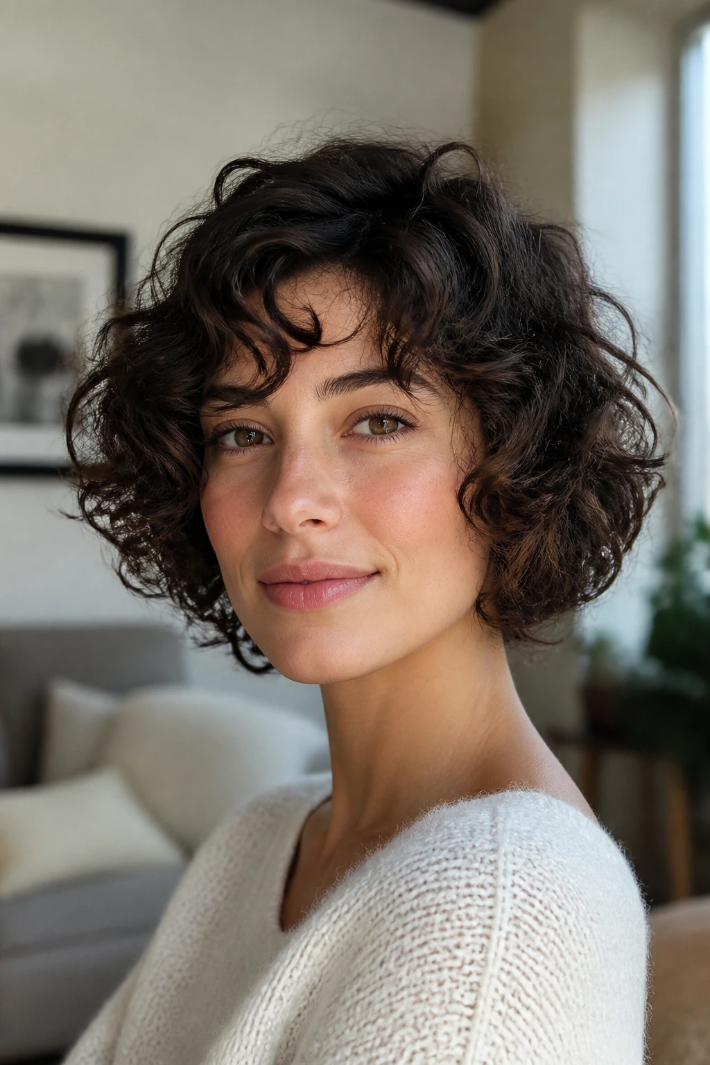 Real woman wearing a chin-length curly bob with curls against her face