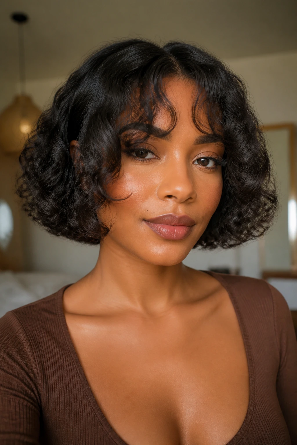 Close-up portrait of a real woman with chin-length curly bob and curtain bangs