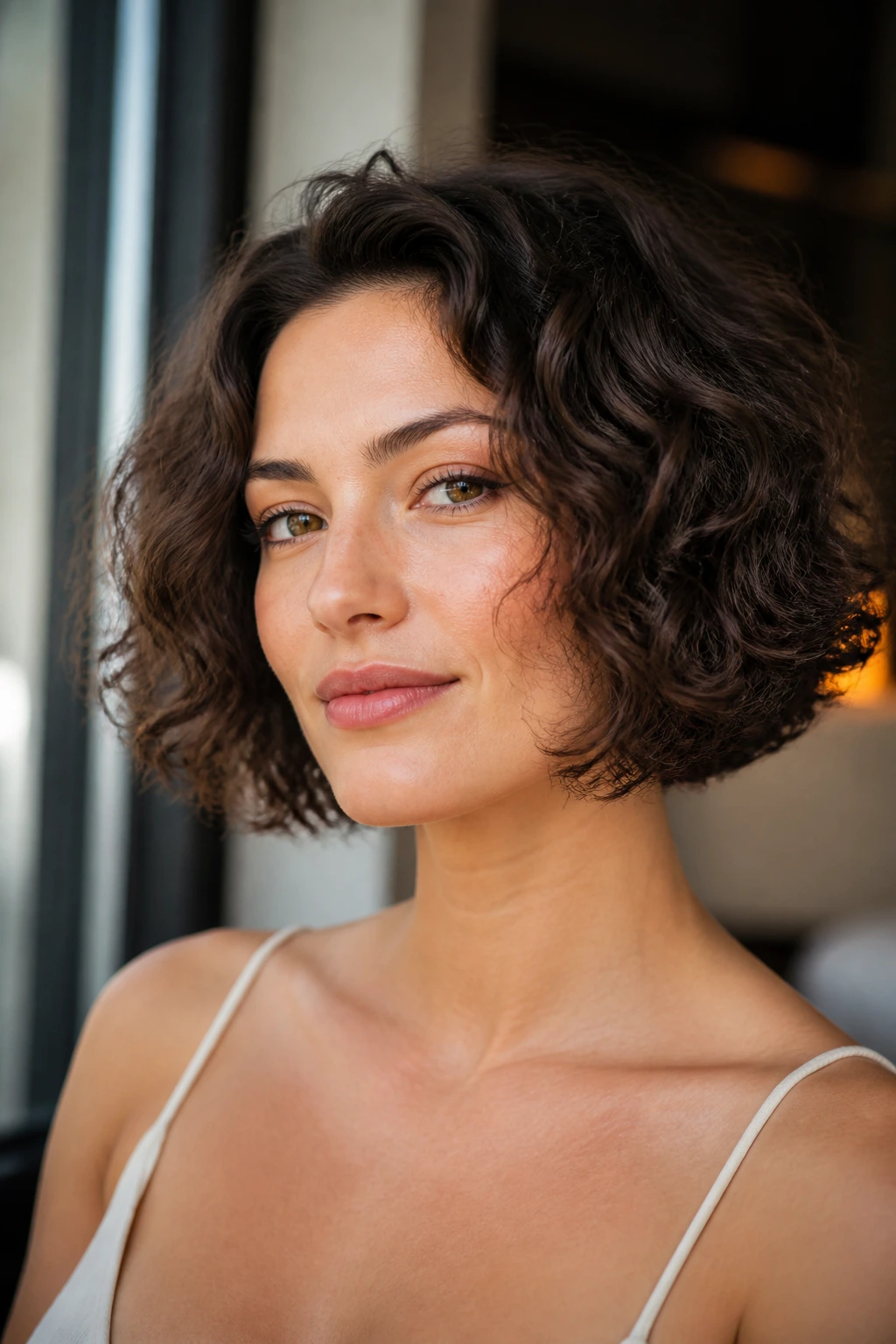 Portrait of a real woman with a chin-length curly bob and soft jawline layers
