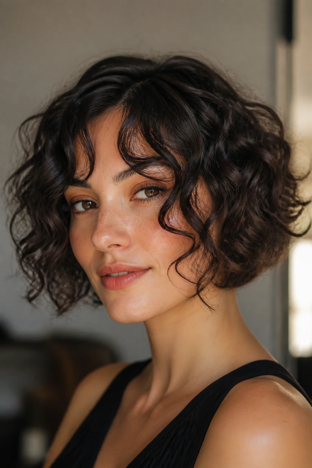 Close-up portrait of a woman with chin-length curly bob and airy bangs.