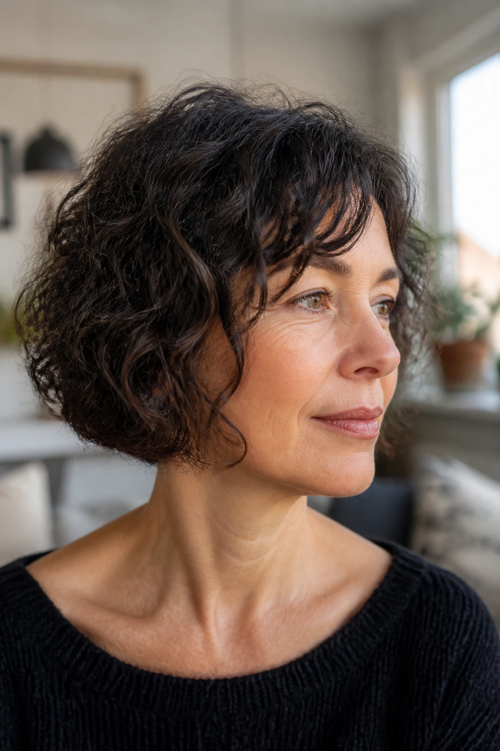 Chin-length curly bob close-up portrait with jawline-length curls