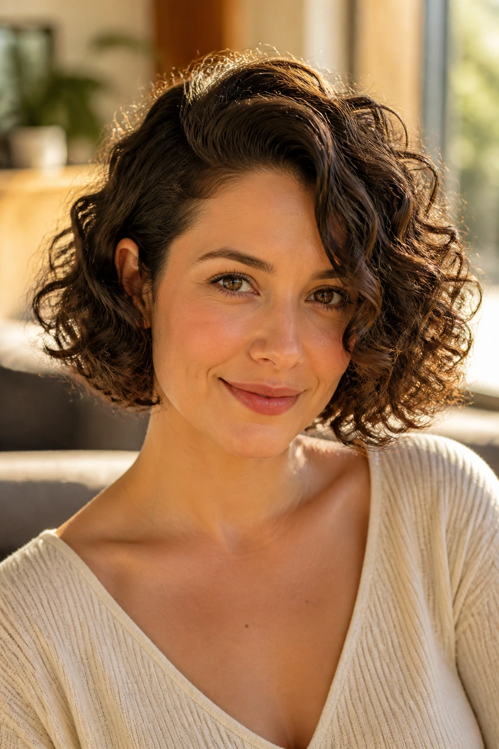 Close-up of a real woman with chin-length curly bob and deep side part.