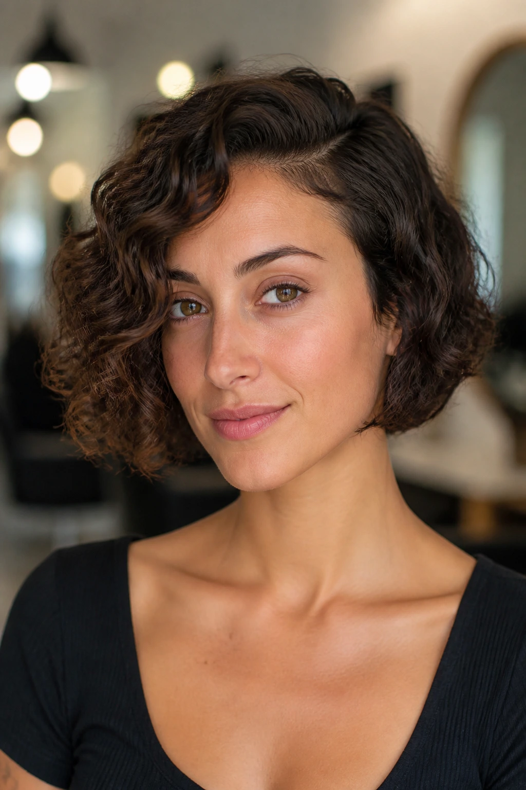 Close-up of a real woman wearing a chin-length curly bob with a side part