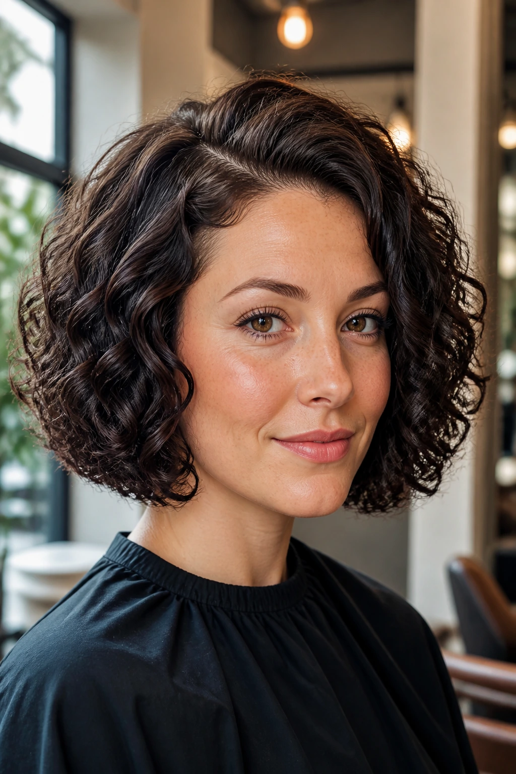Portrait of chin-grazing curly bob with side part on a real person