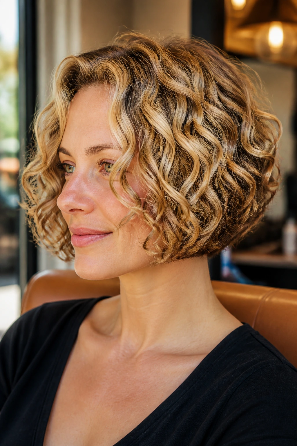 Chin-length curly bob with caramel lowlights on a real person