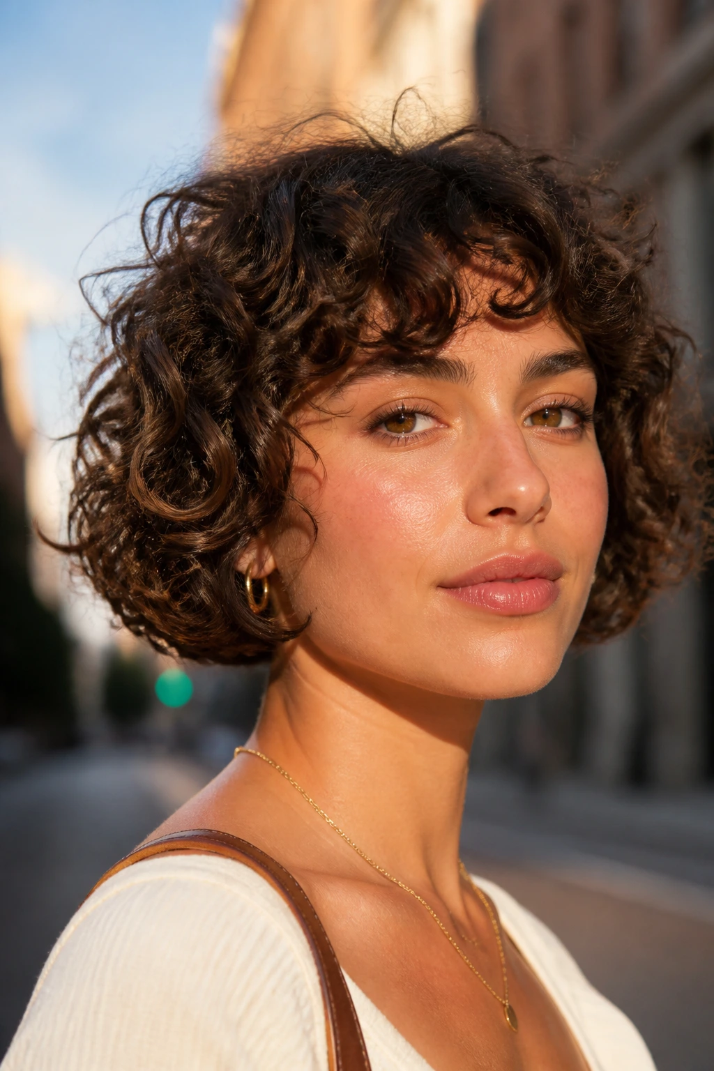 Real woman with chin-length curly crop in golden hour street scene