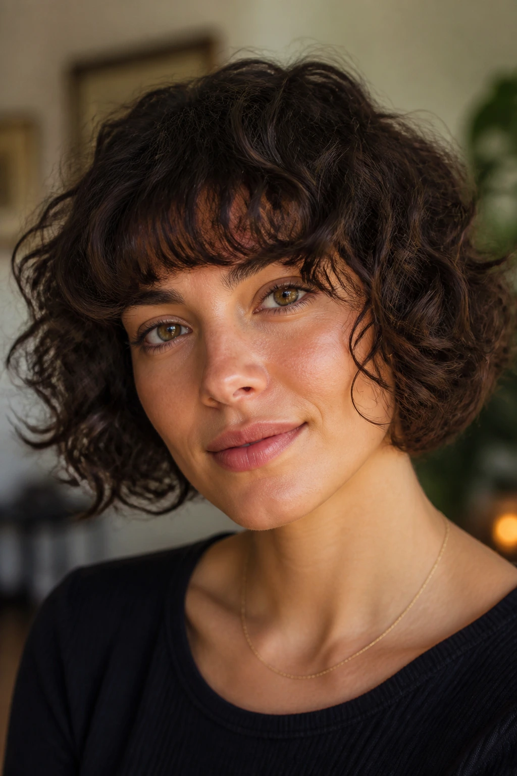 Woman with chin-length curly crop and wispy fringe under warm light