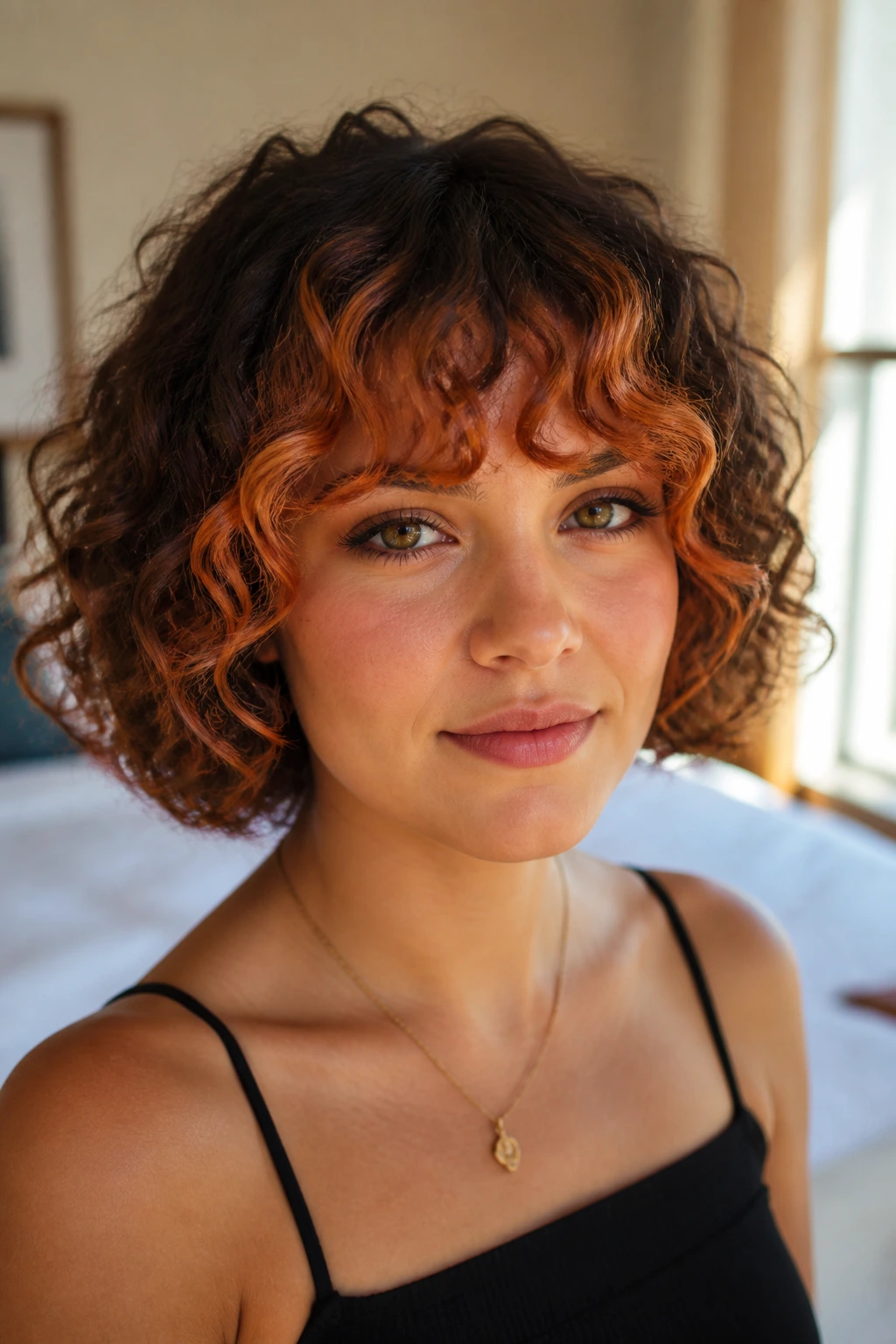 Close-up of chin-length curly fringe with copper front panels on a real person