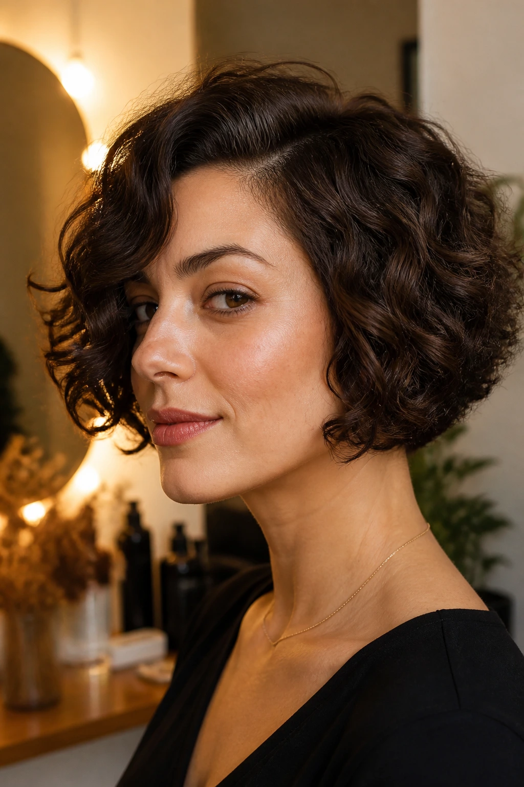 Close-up of a real person with chin-length curly inverted bob and side sweep
