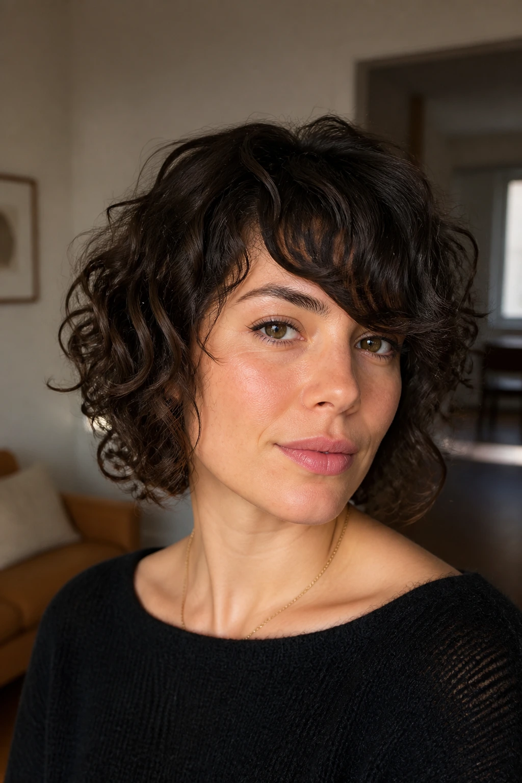 Portrait of a real person with a chin-length curly shag and sweep bangs.
