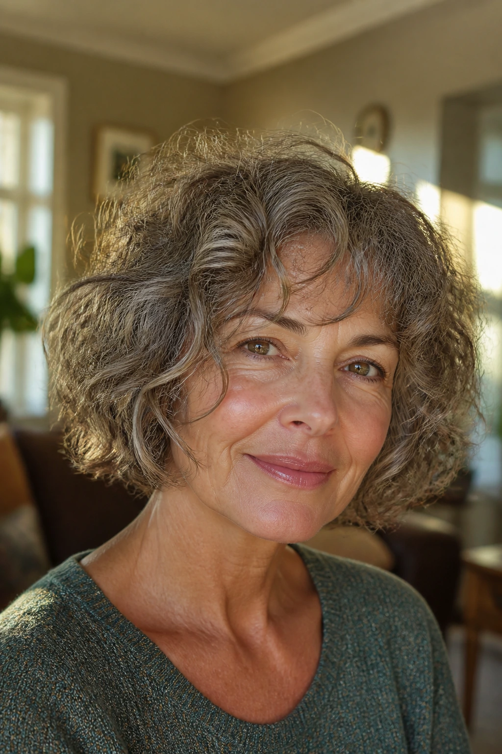 50+ woman with chin-length curly shag showing lift and movement around face.
