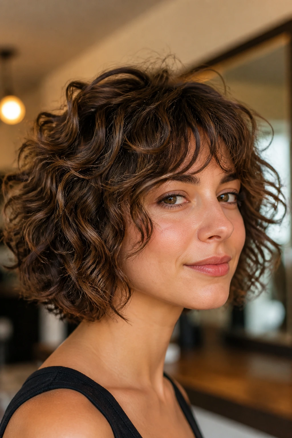 Close-up of chin-length curly shag with walnut lowlights on a real person