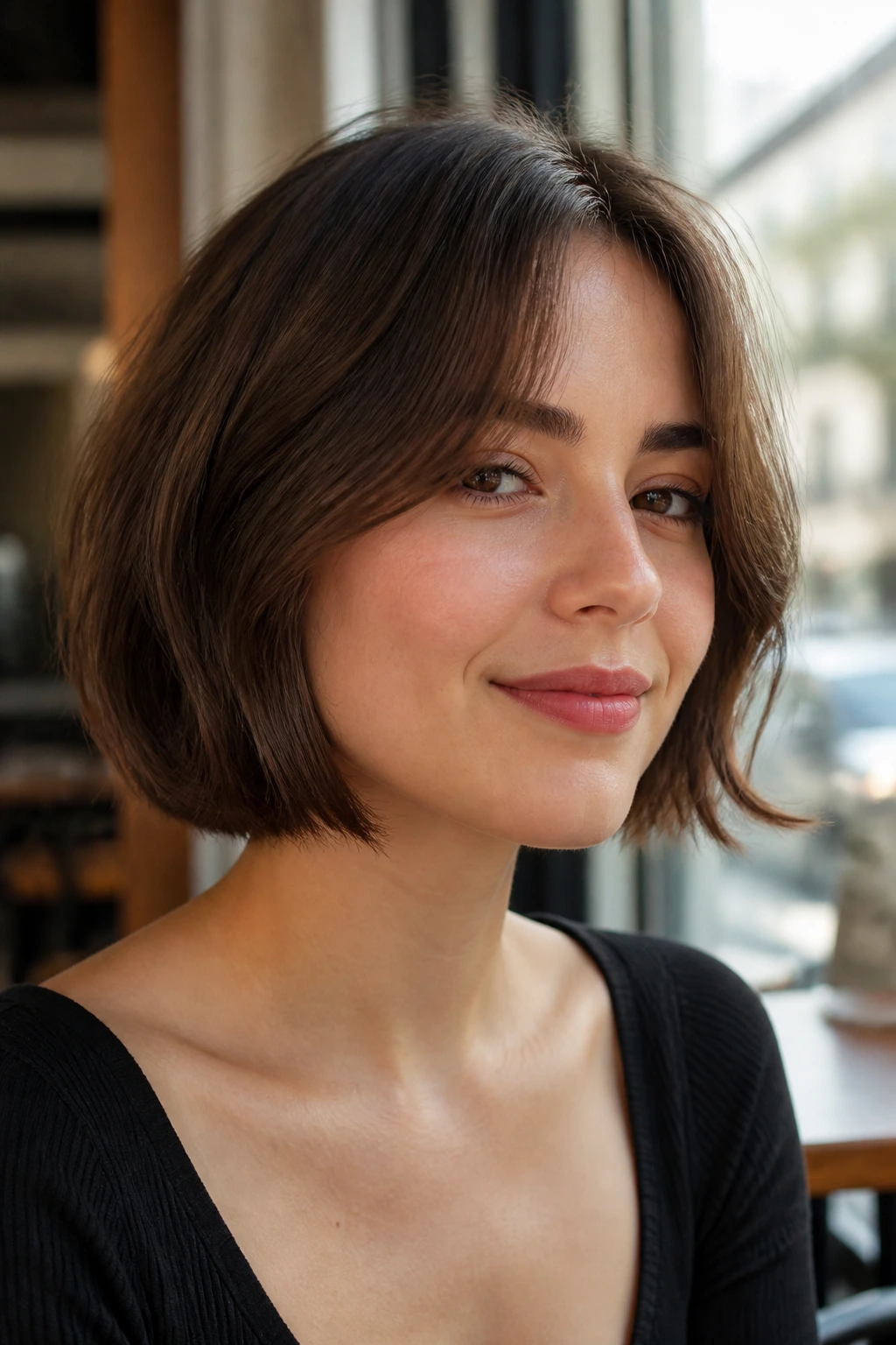 Close-up portrait of a real woman with a chin-length bob and curtain bangs in warm cafe light