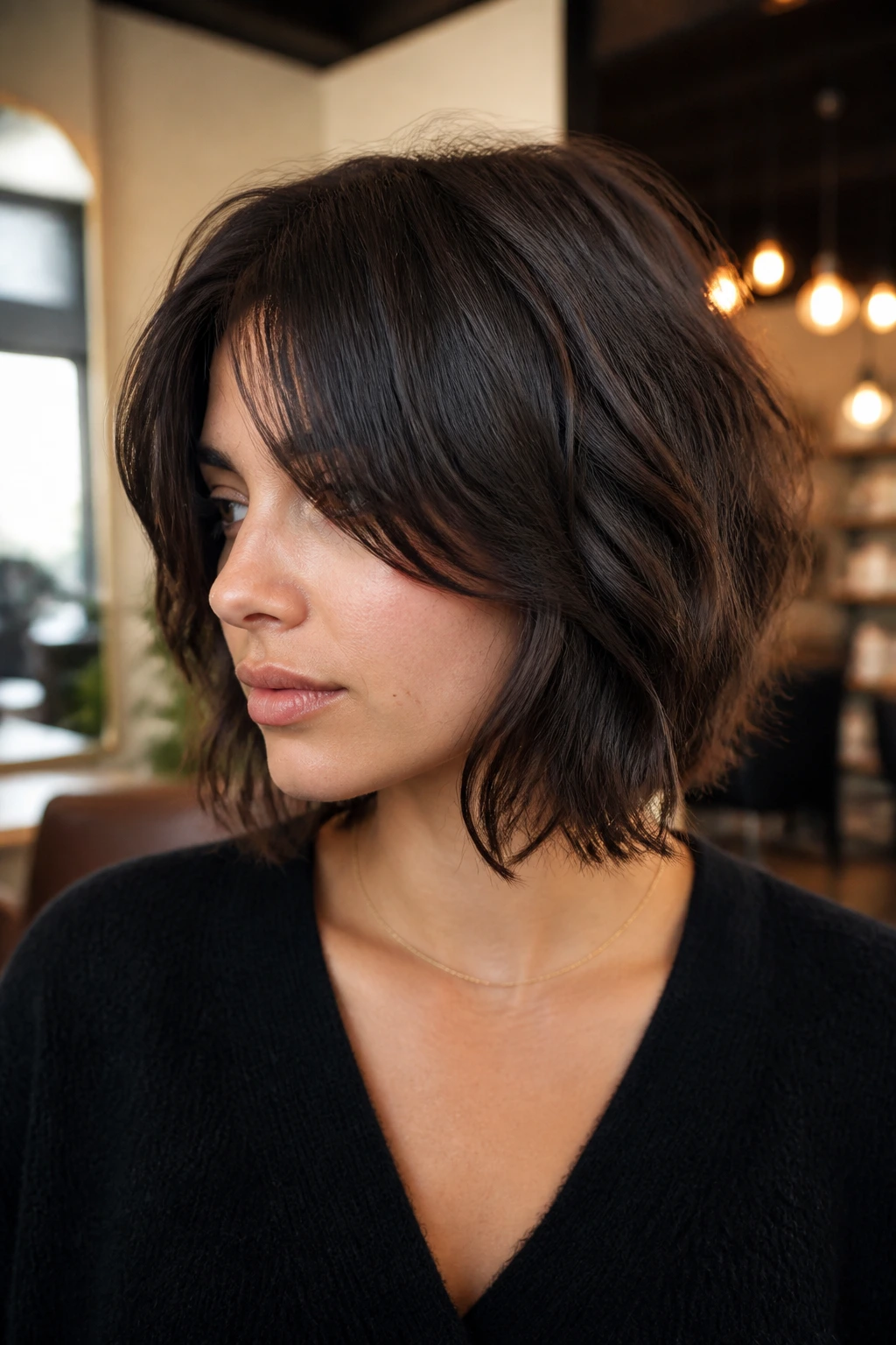 Close-up portrait of a real person with chin-length curtain shag showing fringe and jaw lift