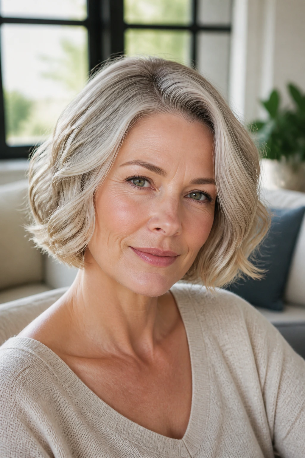 Real woman with chin-length curve bob and side part