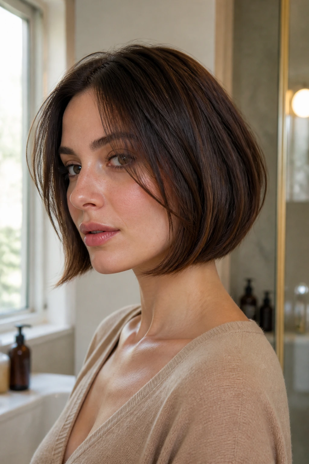 Close-up of a real woman with a chin-length curve softening the jawline