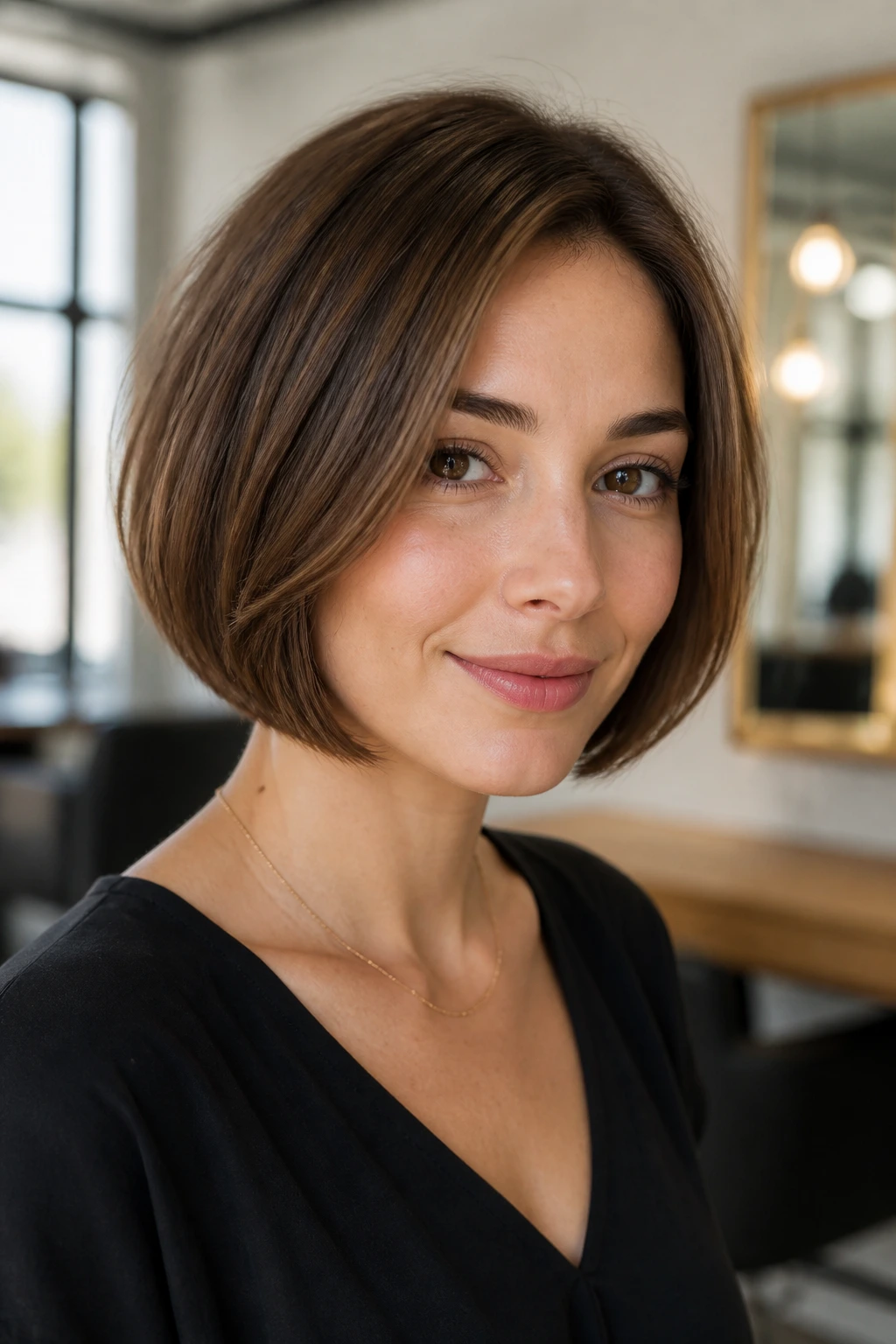 Real woman with chin-length curved bob hugging the jaw in a bright salon