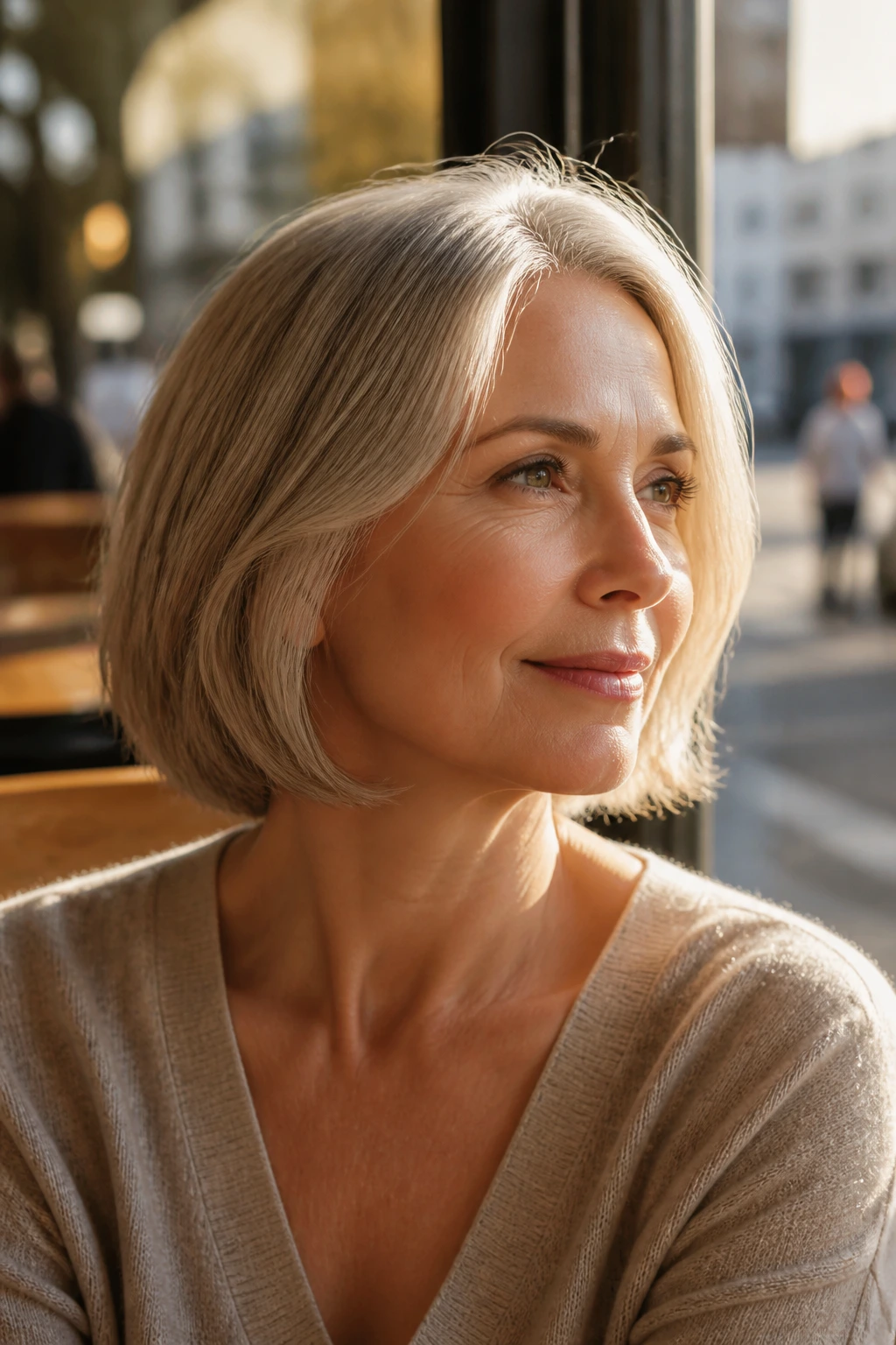 Portrait of a real woman with a chin-length cut highlighting jawline and shape