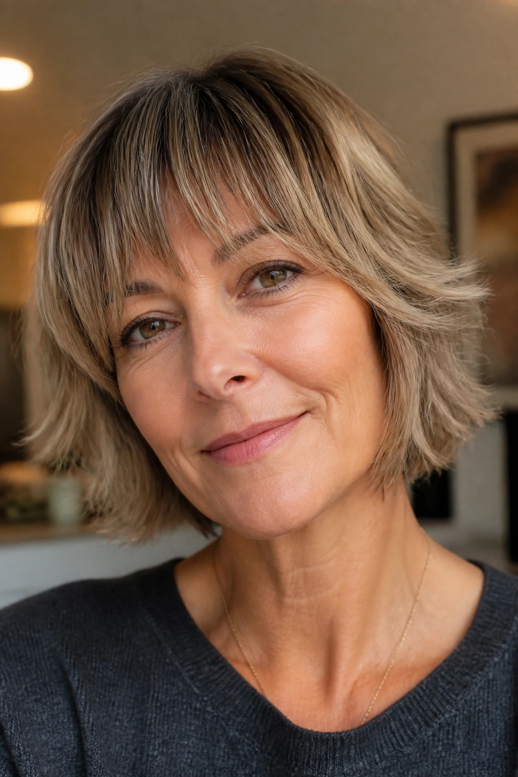 Real woman with chin-length feathered shag and wispy bangs in warm indoor light