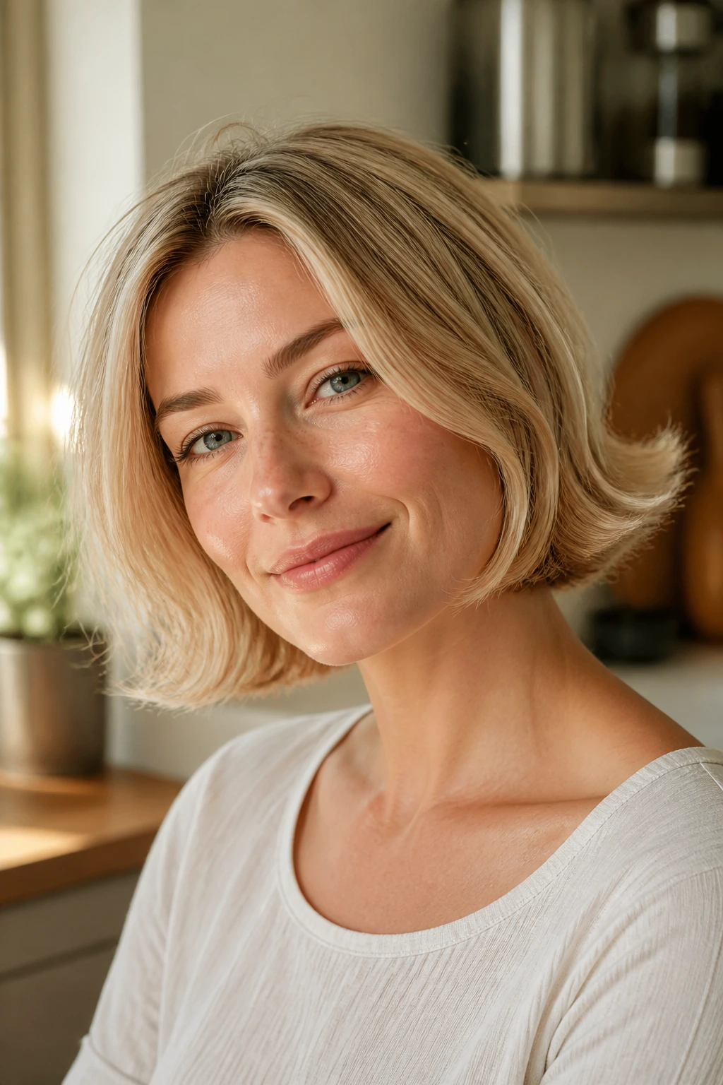 Close-up portrait of a woman with a chin-length hairstyle featuring outward-flipped ends