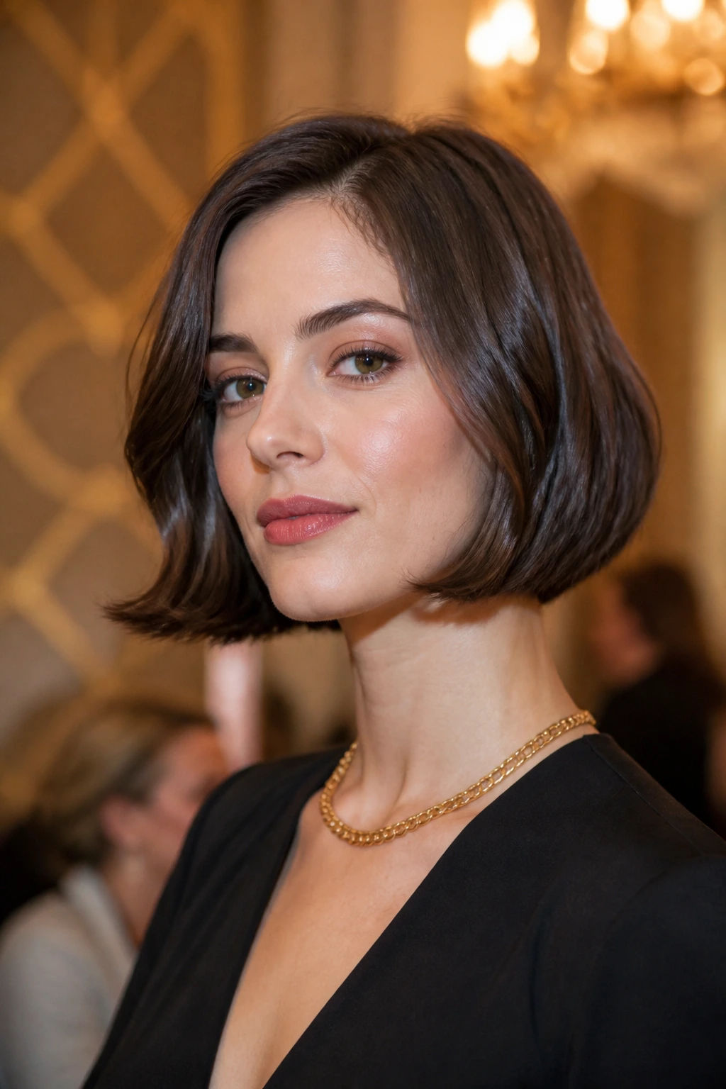Close-up portrait of a woman with a chin-length flip-under bob in warm ambient light.