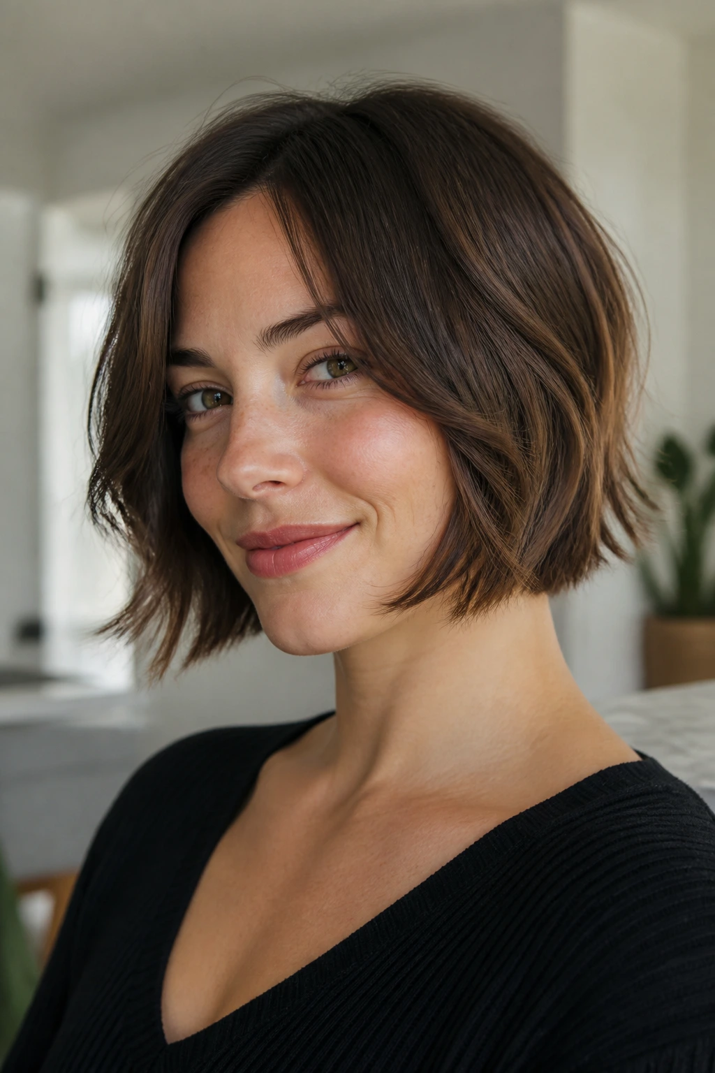 Portrait of a woman with a chin-length French bob and a soft bend.