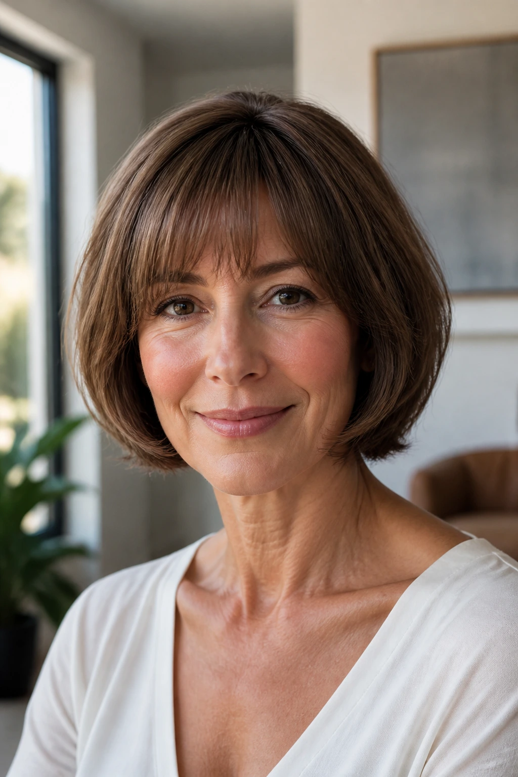 Close-up portrait of a real woman with chin-length French bob and gentle bend