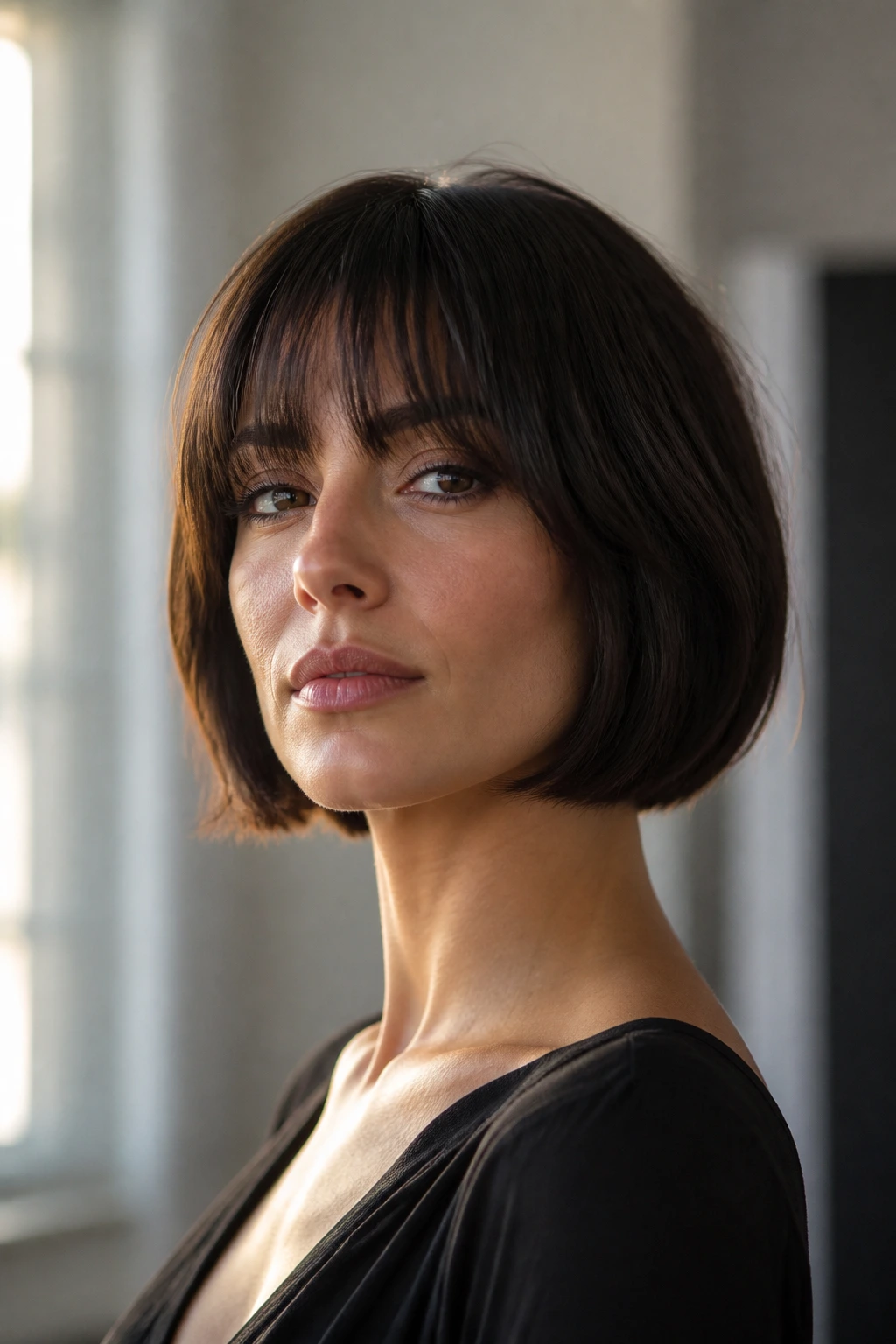 Close-up of a real woman with a chin-length French bob and brow-grazing bangs.