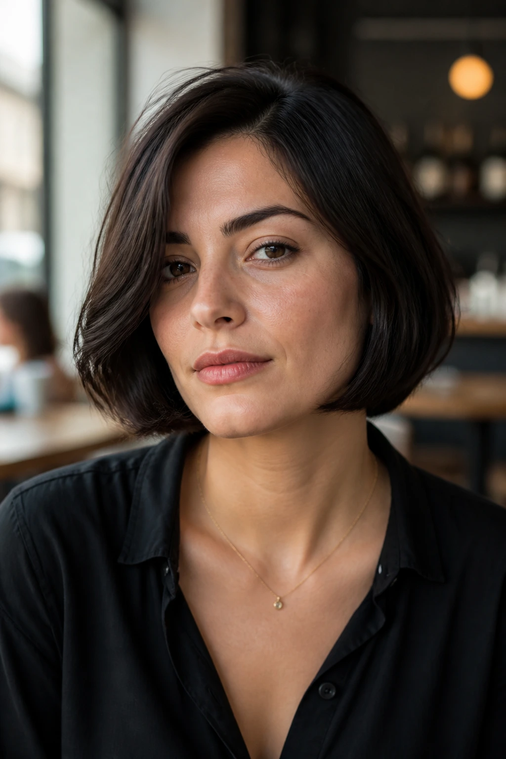 Portrait of a real woman with chin-length French bob bent at the ends and off-center part