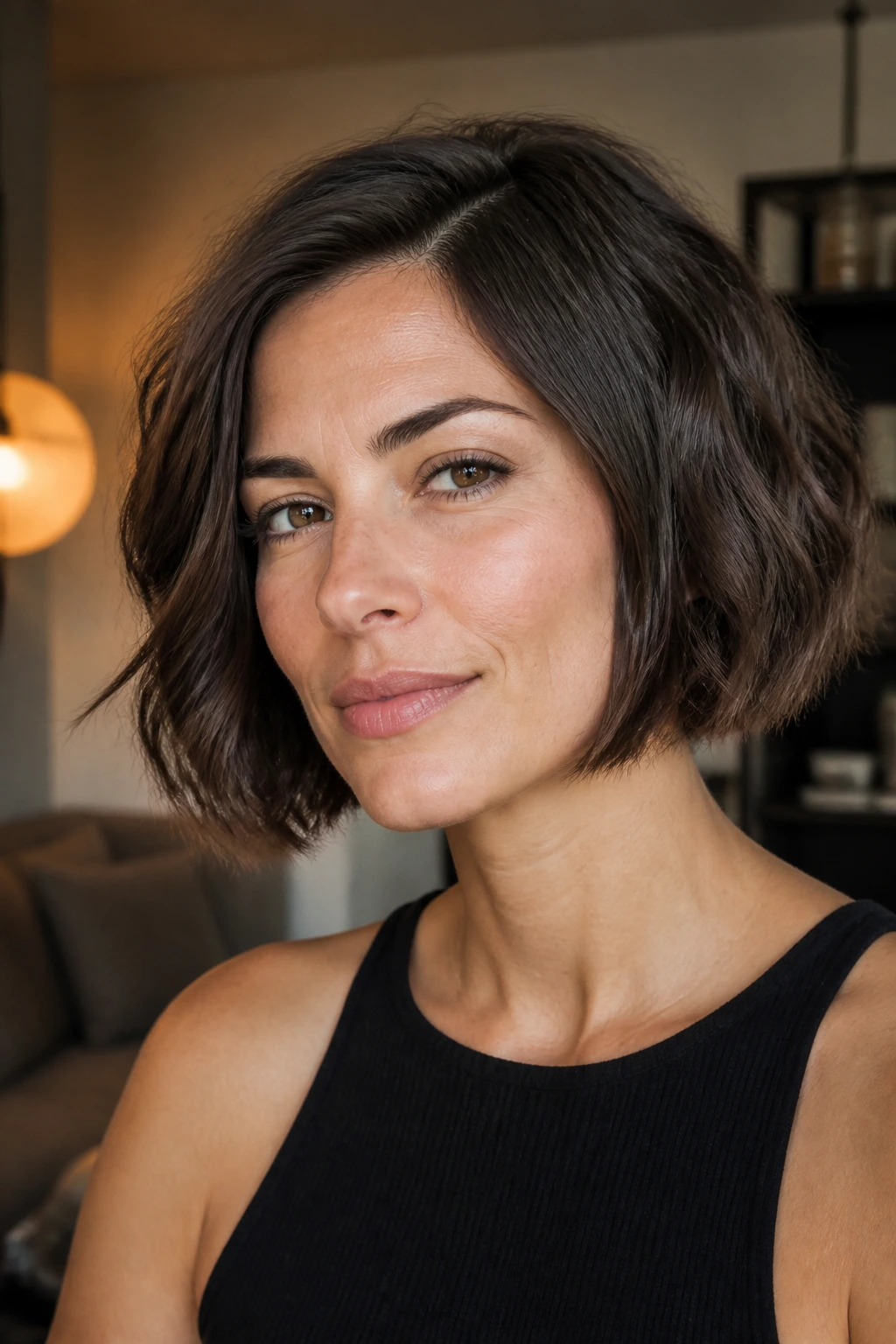 Close-up portrait of real person with chin-length French bob with bend.