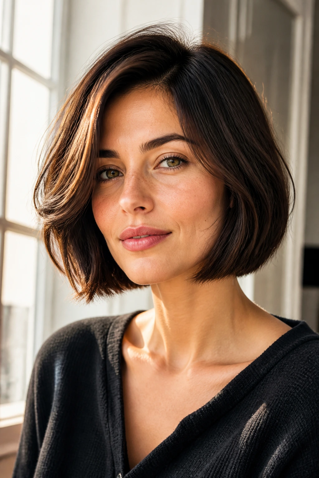 Brunette woman with chin-length French bob portrait