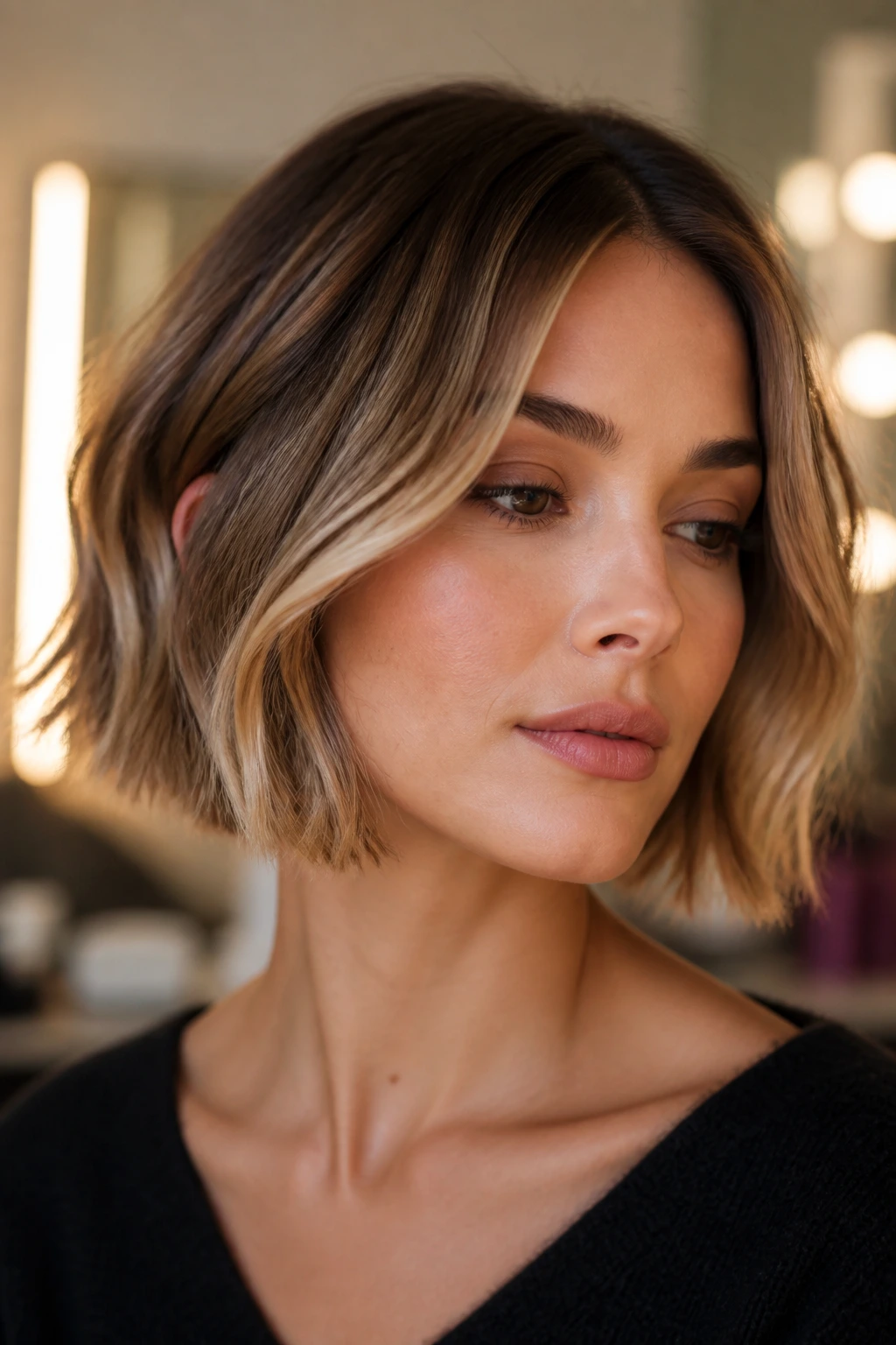Close-up of a real woman with a chin-length French bob and caramel ribbons