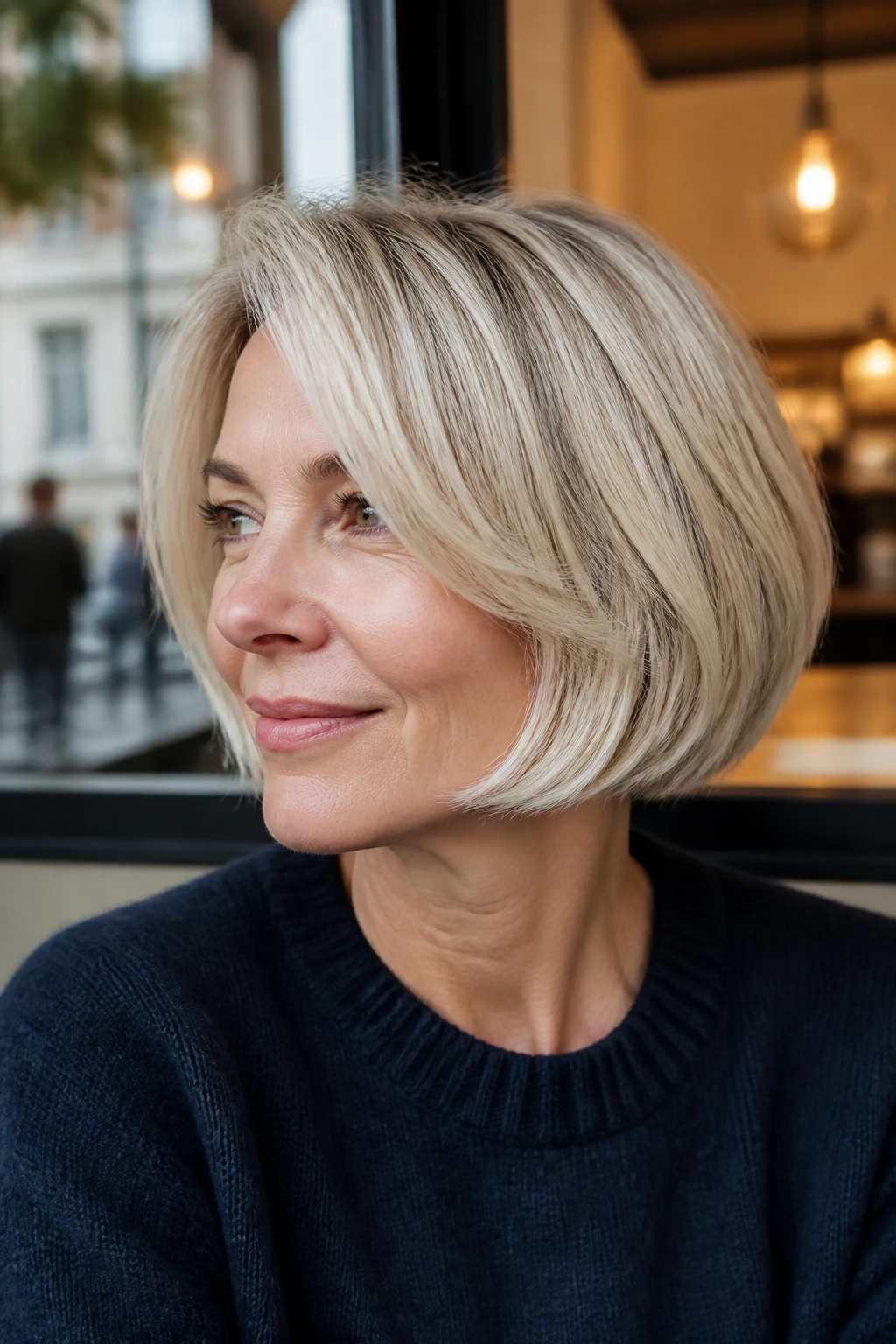 Portrait of a woman with chin-length French bob and subtle undercurl