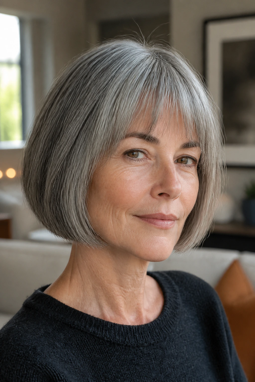 Close-up portrait of a real woman with a chin-length French bob and silver-grey hair framing the face