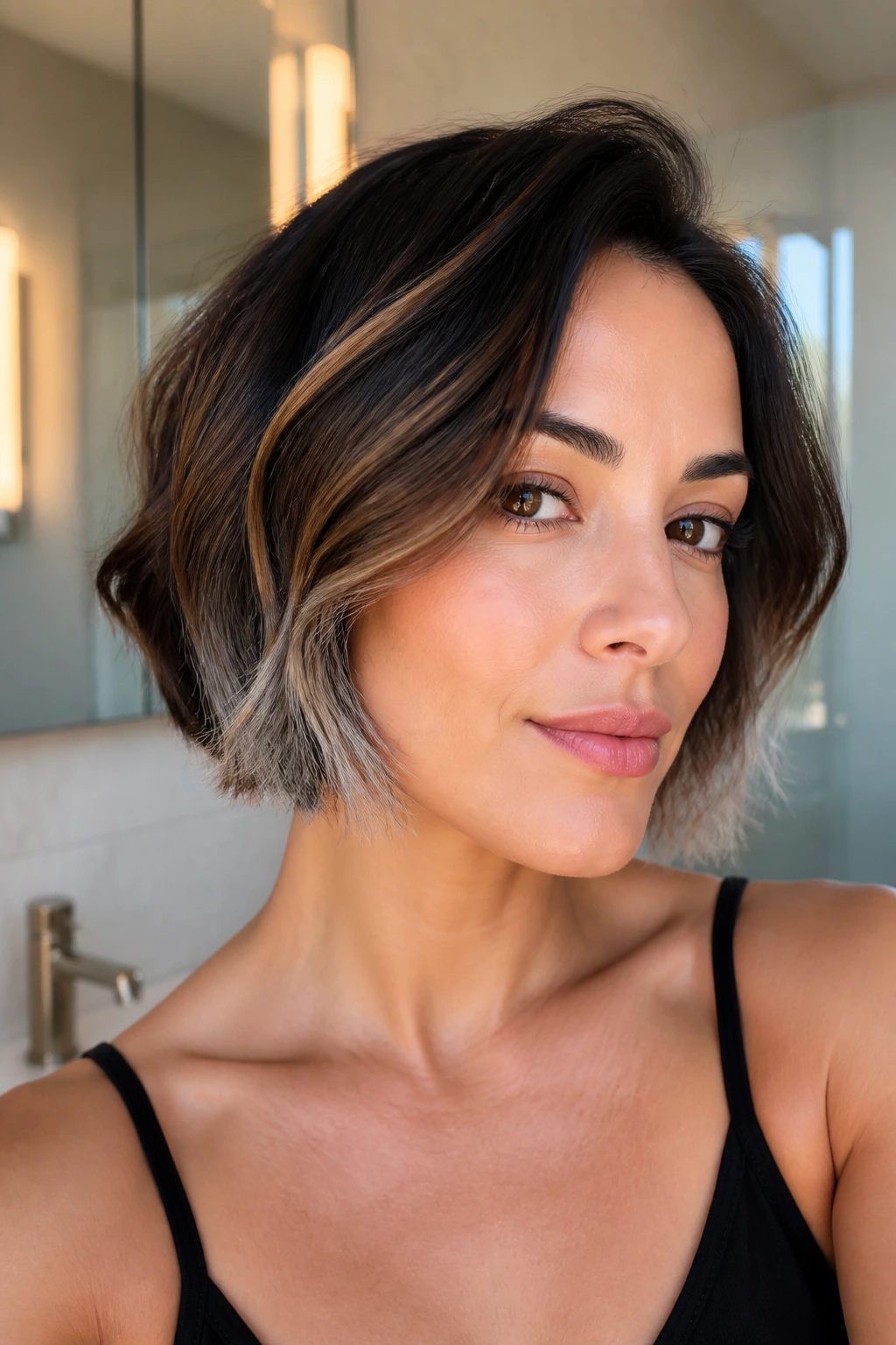 Portrait of a real woman with chin-length French bob and grey tips.