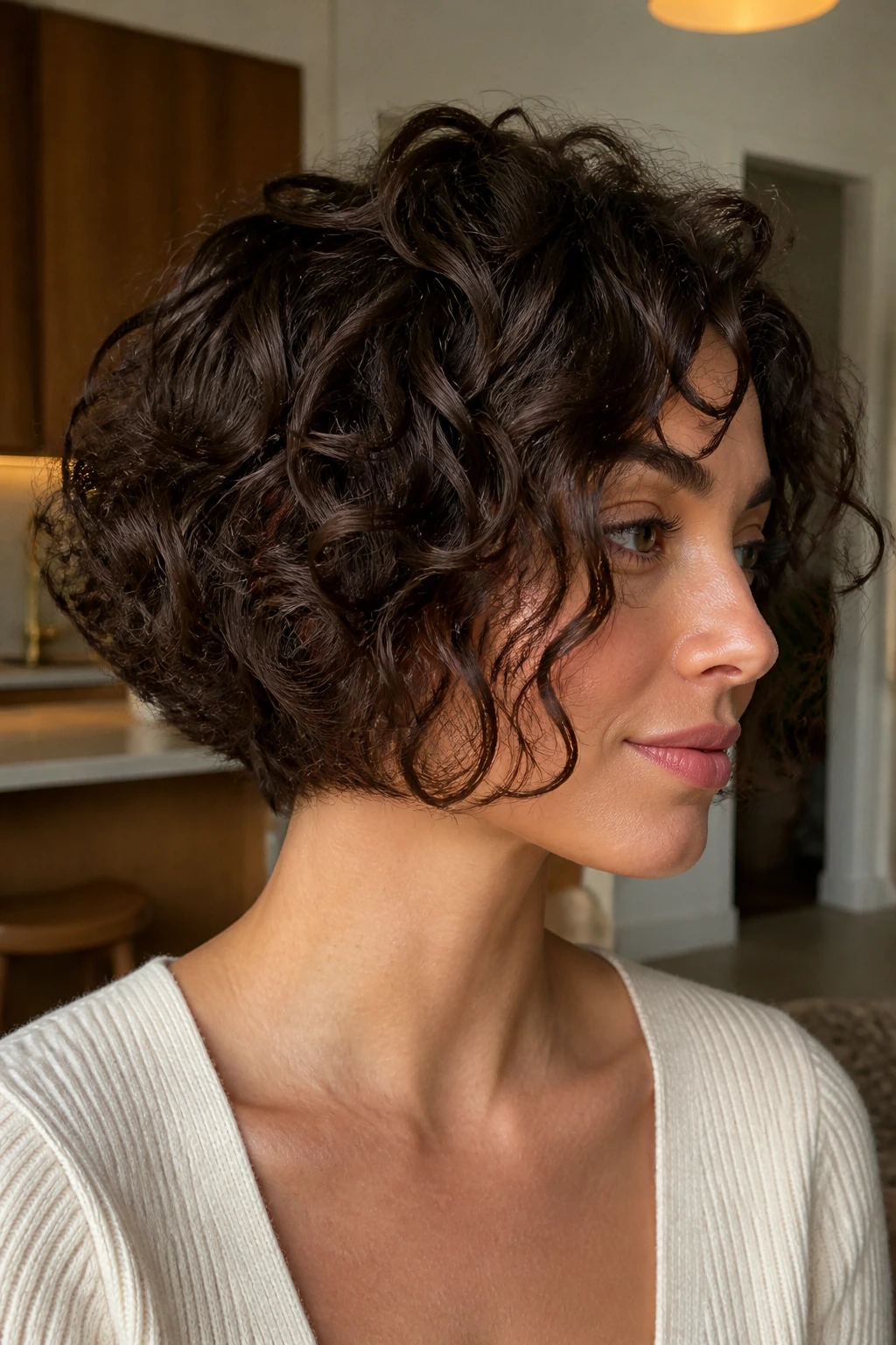 Close-up of chin-length French bob with invisible layers on a real person.