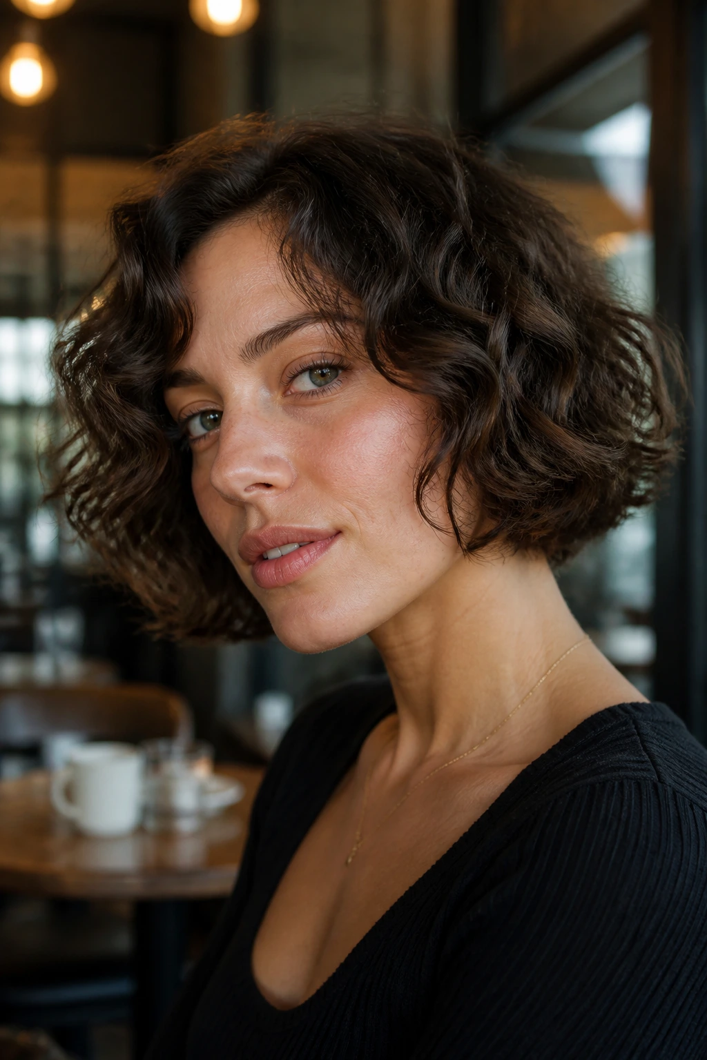 Close-up of a real woman with chin-length French bob and loose curls