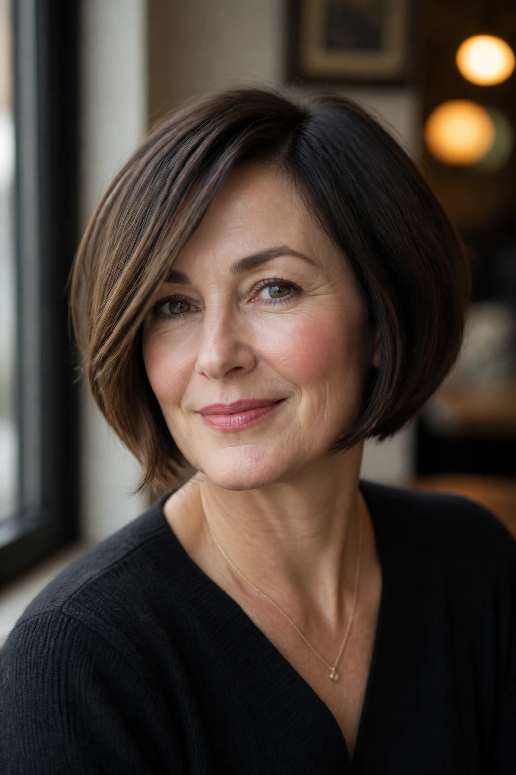 Close-up of real woman in a chin-length French bob with side part