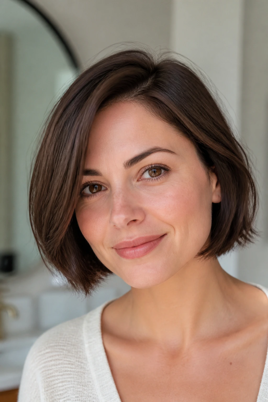 Close-up portrait of a woman with a chin-length French bob and side part
