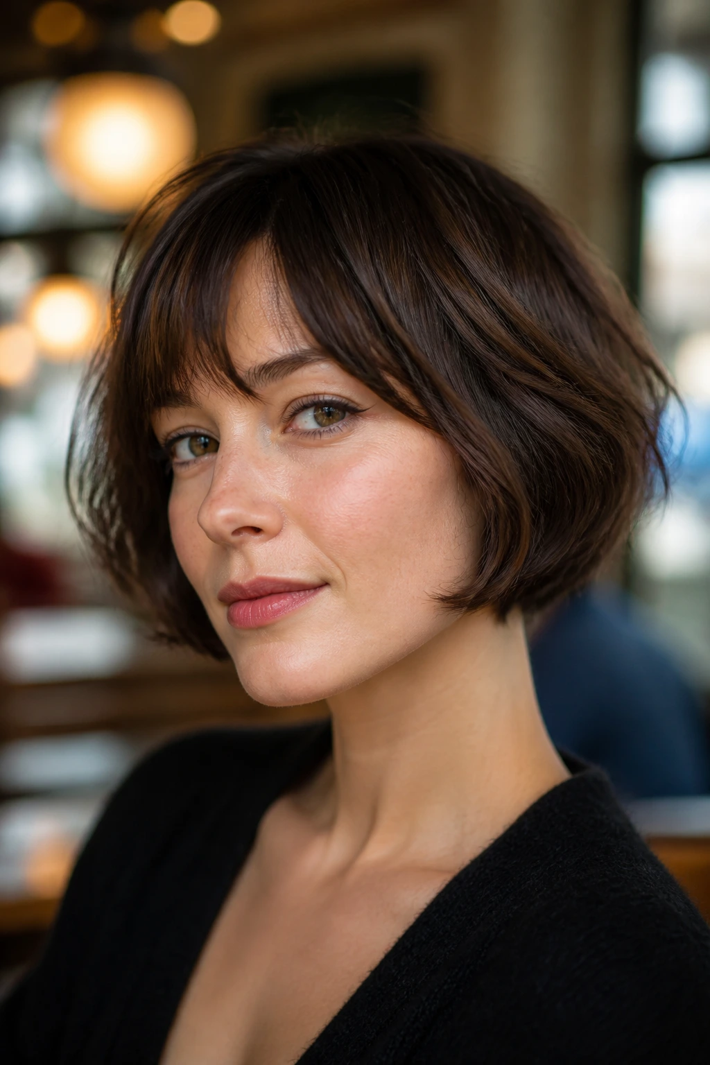 Real woman with chin-length French bob.