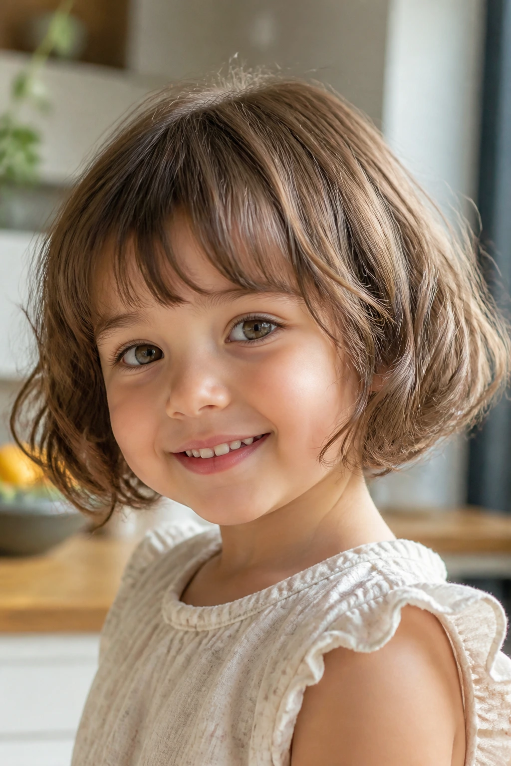 Close-up of toddler with chin-length French bob and airy fringe