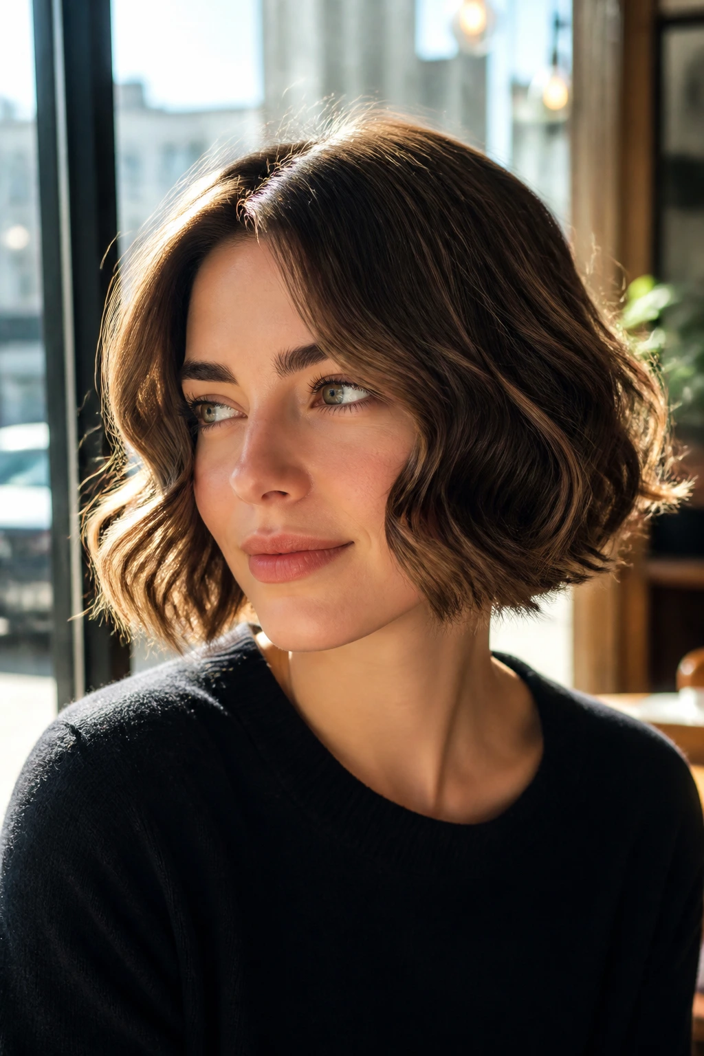 Close-up of chin-length French bob with soft S-bends and side part in cafe window light
