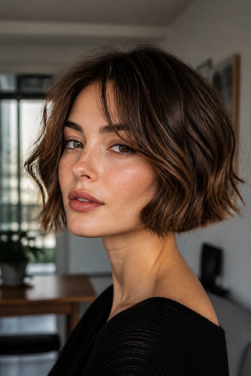 Woman with a chin-length French bob and soft waves