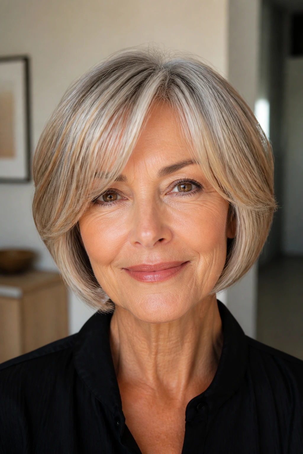 Real woman with chin-length French cut and honey glaze