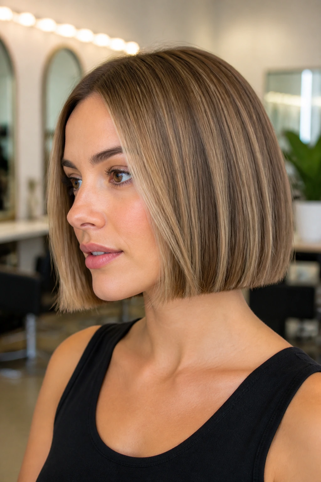 Close-up of chin-length glass bob with mushroom lowlights on a real woman