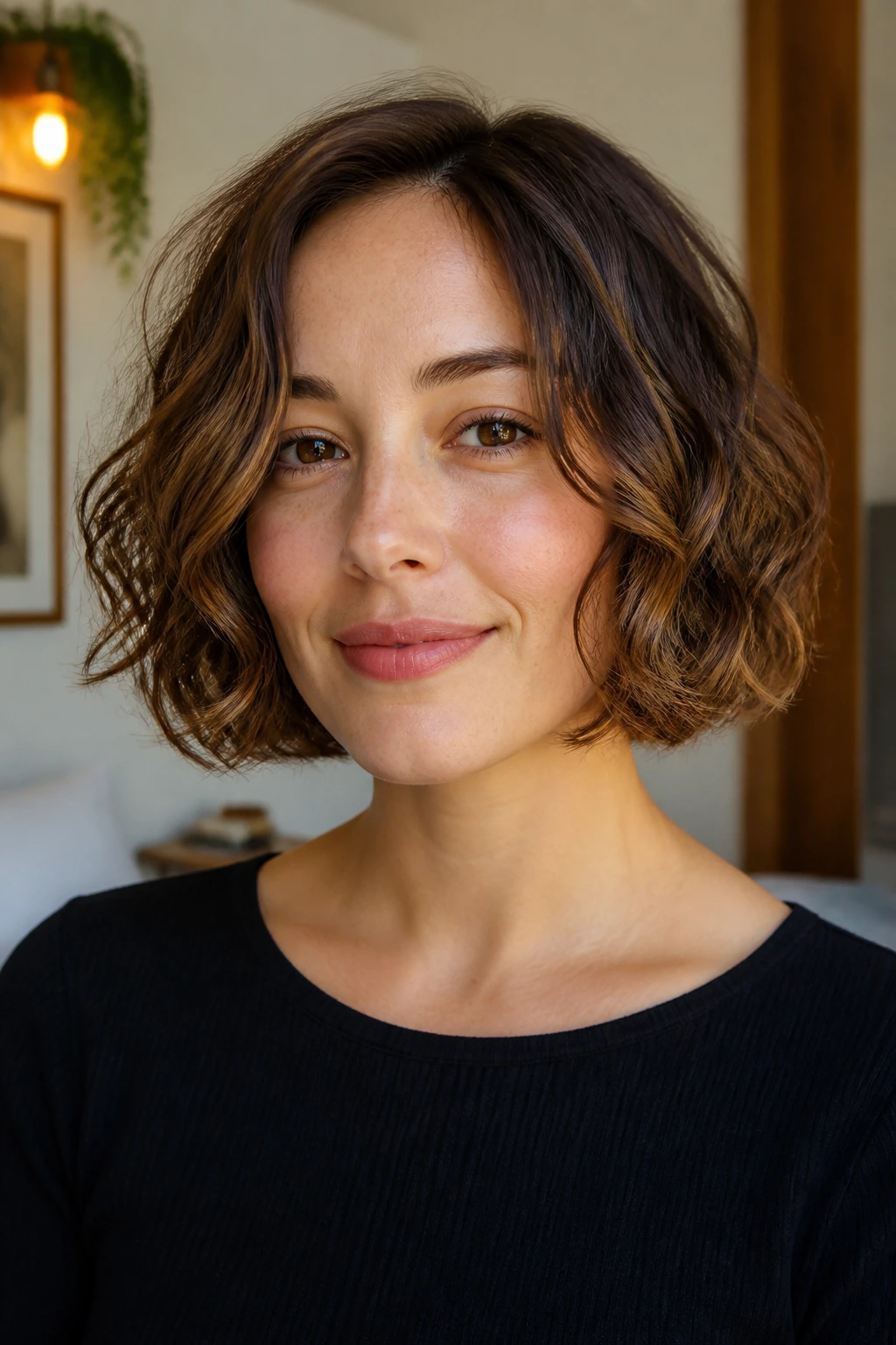 Portrait of a woman with chin-length hair showing a strong blunt shape and soft curls